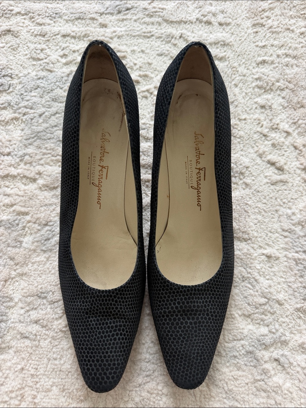 Salvatore Ferragamo Black Textured Pointed-Toe Pumps